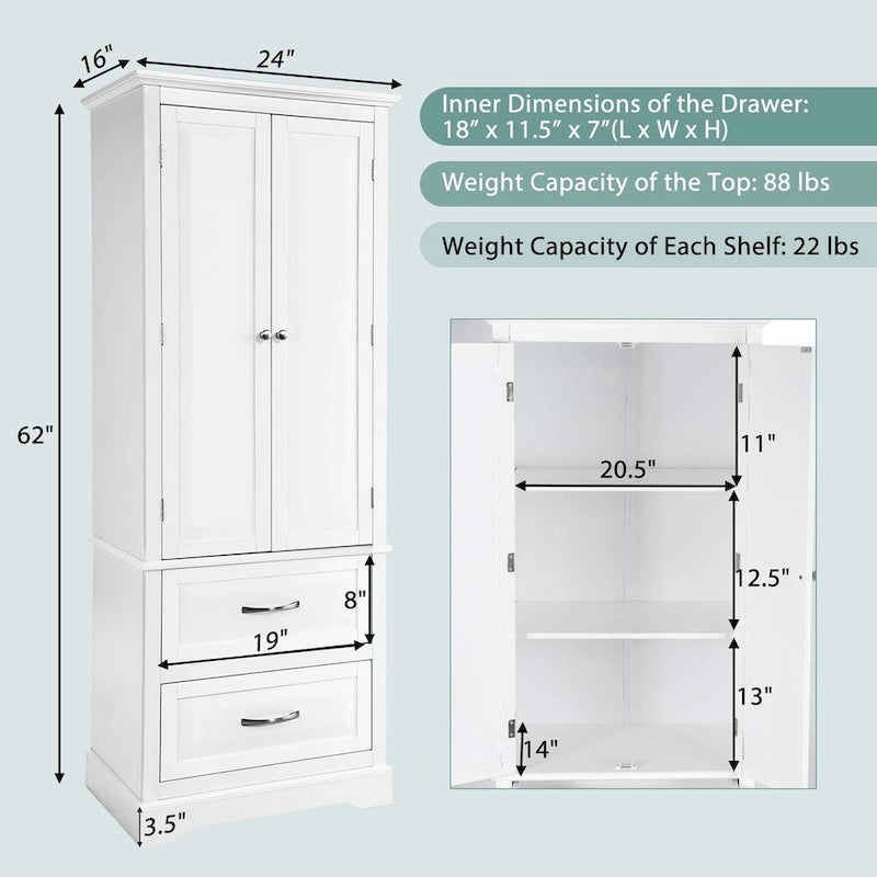 62 Tall Bathroom Freestanding Floor Storage Cabinet with 2 - 24 x 16 x 62 (L x W x H)