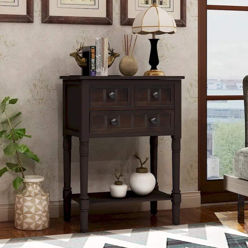 Narrow Console Table with 3 Drawers and Shelf