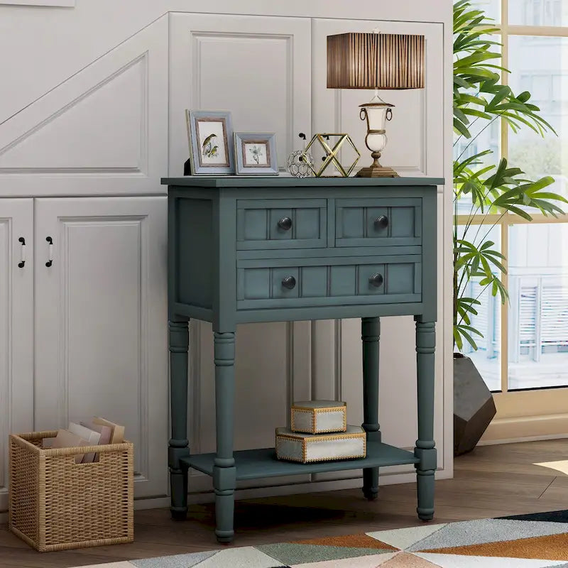 Narrow Console Table with 3 Drawers and Shelf