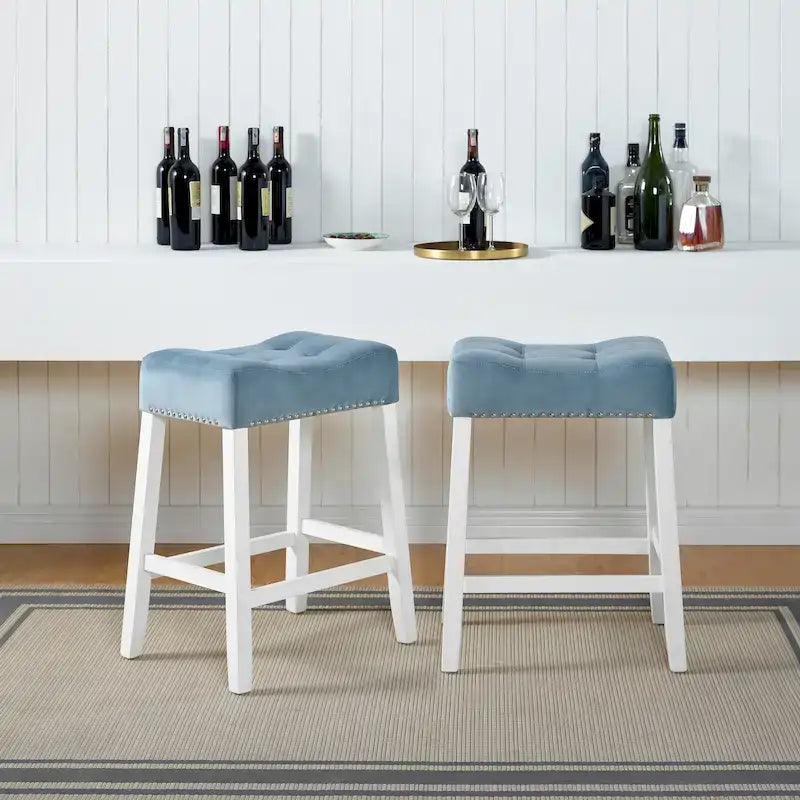 of 2 Velvet Counter Height Stools with Tufted Saddle Seats, White-Wash Finish