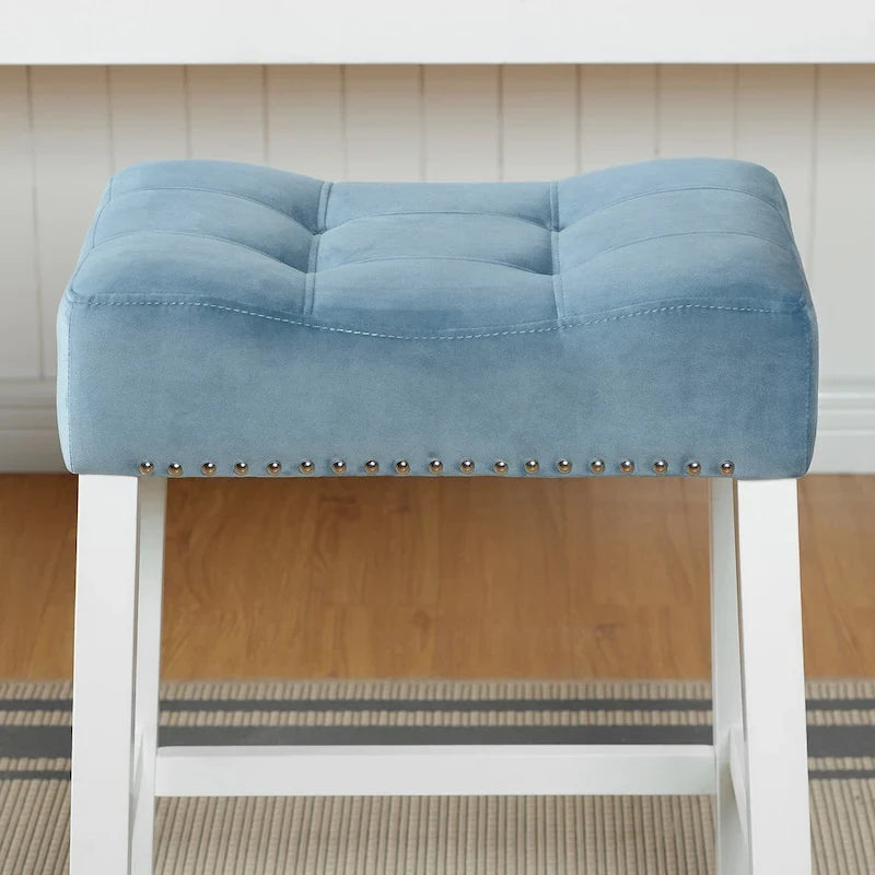 of 2 Velvet Counter Height Stools with Tufted Saddle Seats, White-Wash Finish