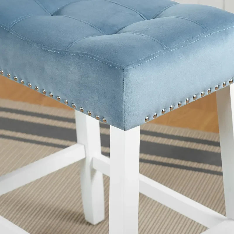 of 2 Velvet Counter Height Stools with Tufted Saddle Seats, White-Wash Finish