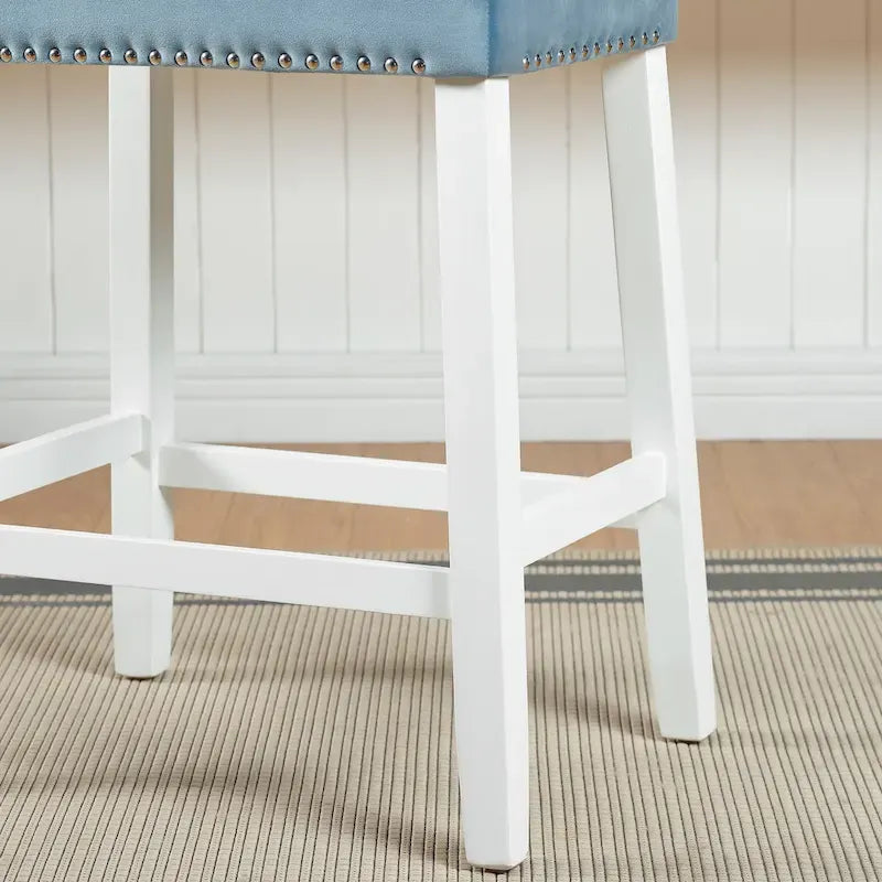 of 2 Velvet Counter Height Stools with Tufted Saddle Seats, White-Wash Finish