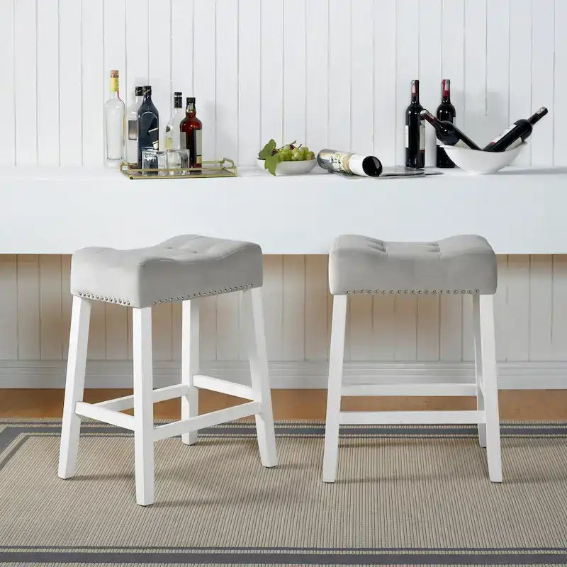 of 2 Velvet Counter Height Stools with Tufted Saddle Seats, White-Wash Finish