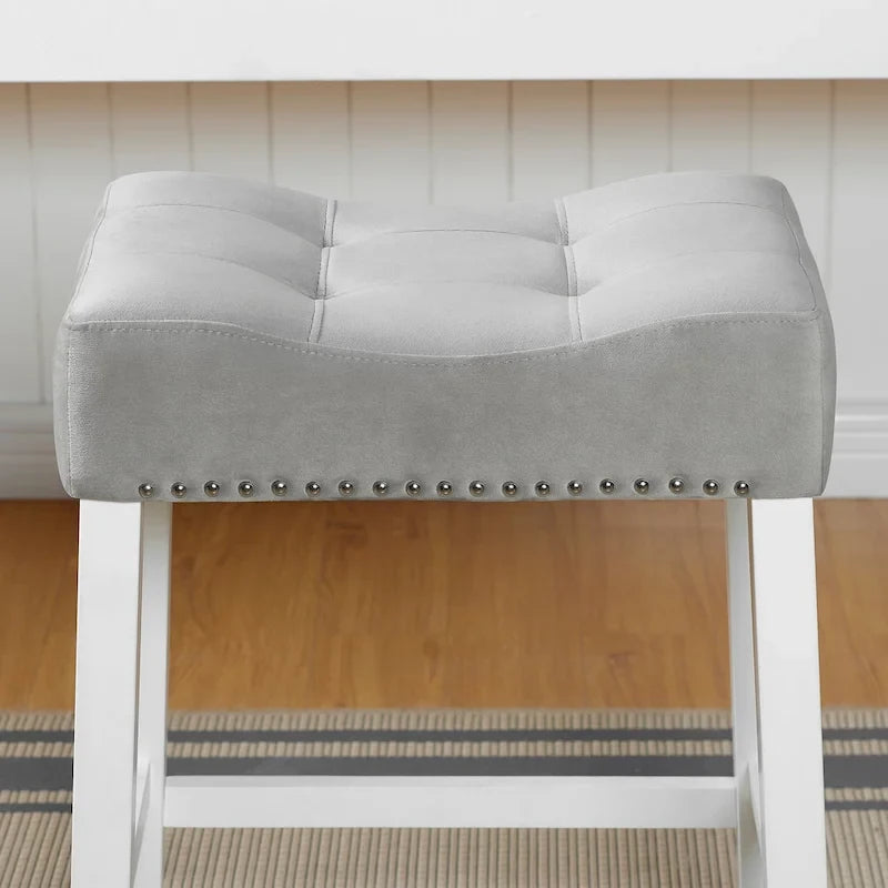 of 2 Velvet Counter Height Stools with Tufted Saddle Seats, White-Wash Finish