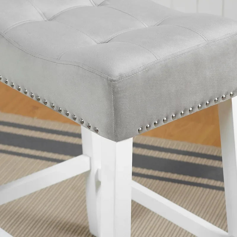 of 2 Velvet Counter Height Stools with Tufted Saddle Seats, White-Wash Finish