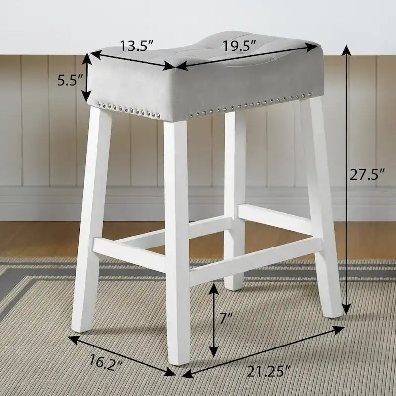 of 2 Velvet Counter Height Stools with Tufted Saddle Seats, White-Wash Finish
