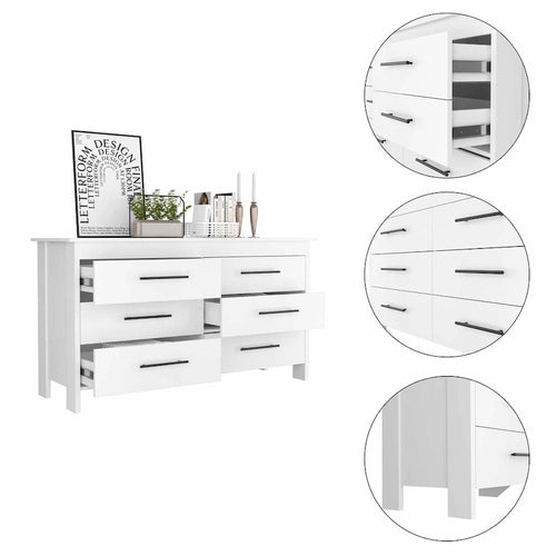 FM Furniture Luxor 6 Drawer Double Dresser with Roller Guides, Metal Pulls and 4 Legs