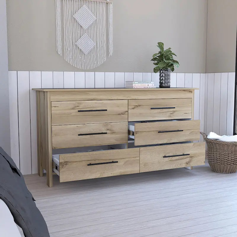6 Drawer Double Dresser with Roller Guides, Metal Pulls and 4 Legs