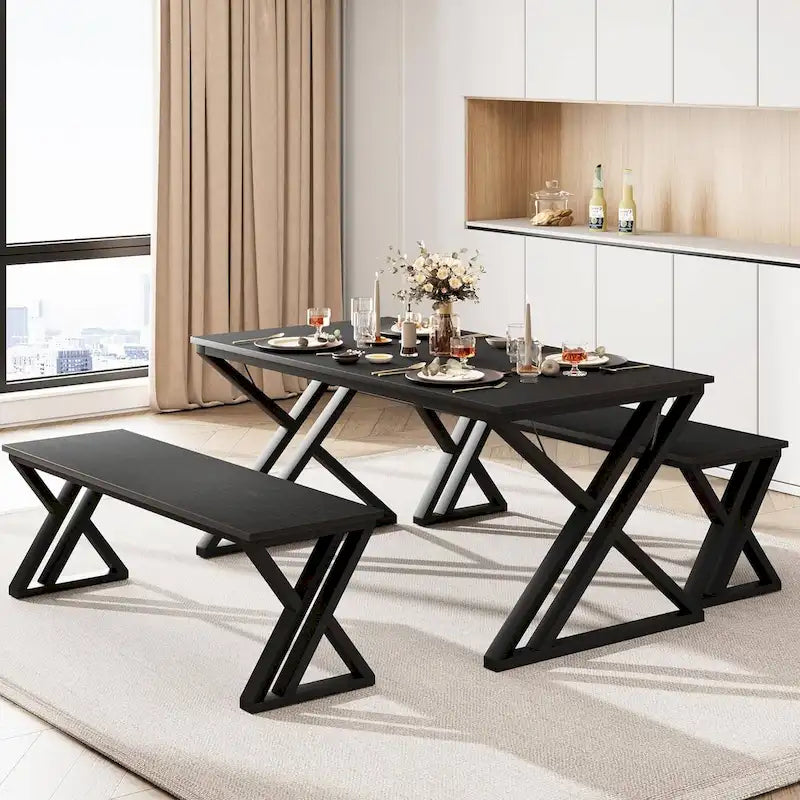 Modern Kitchen Dining Table with 2 Benches - N/A