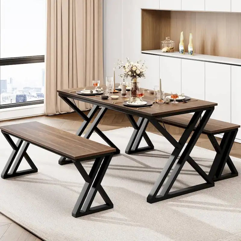 Modern Kitchen Dining Table with 2 Benches - N/A