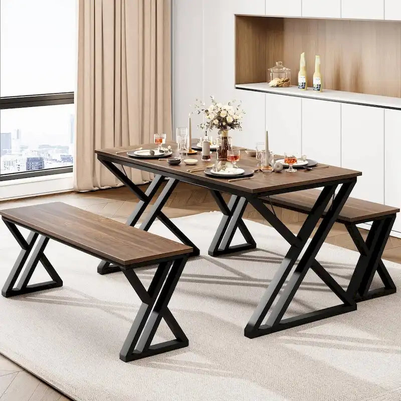 Modern Kitchen Dining Table with 2 Benches - N/A