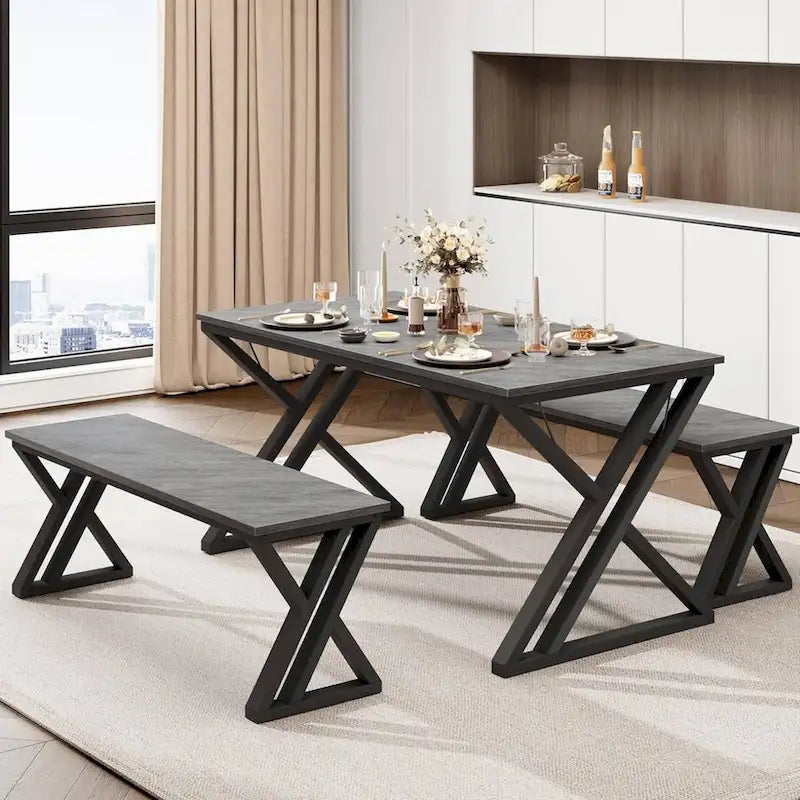 Modern Kitchen Dining Table with 2 Benches - N/A