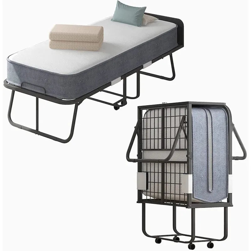 Space Saving Fold up Bed with Mattress & Wheels