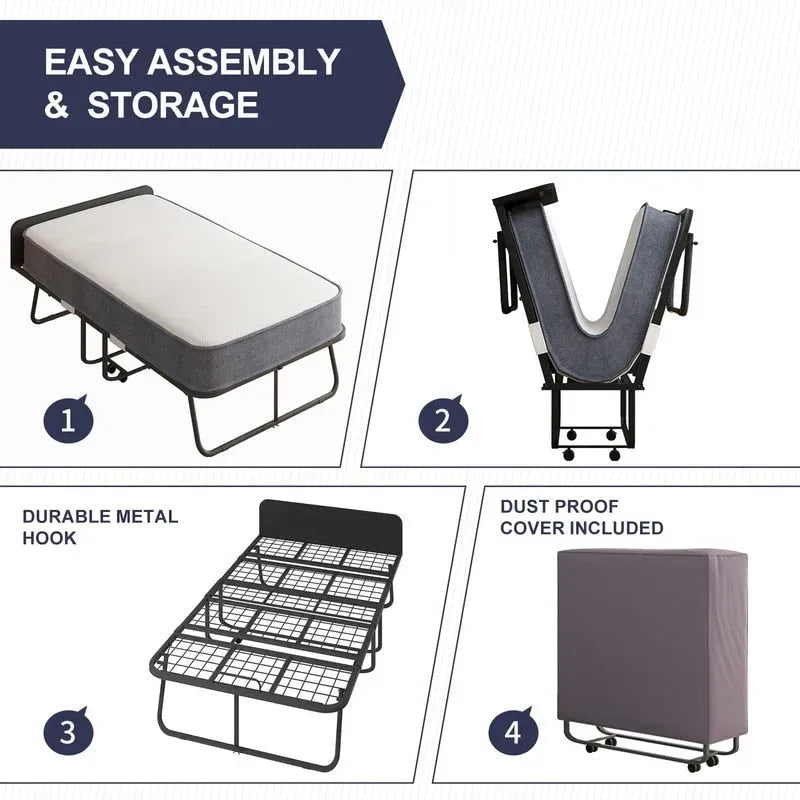Space Saving Fold up Bed with Mattress & Wheels