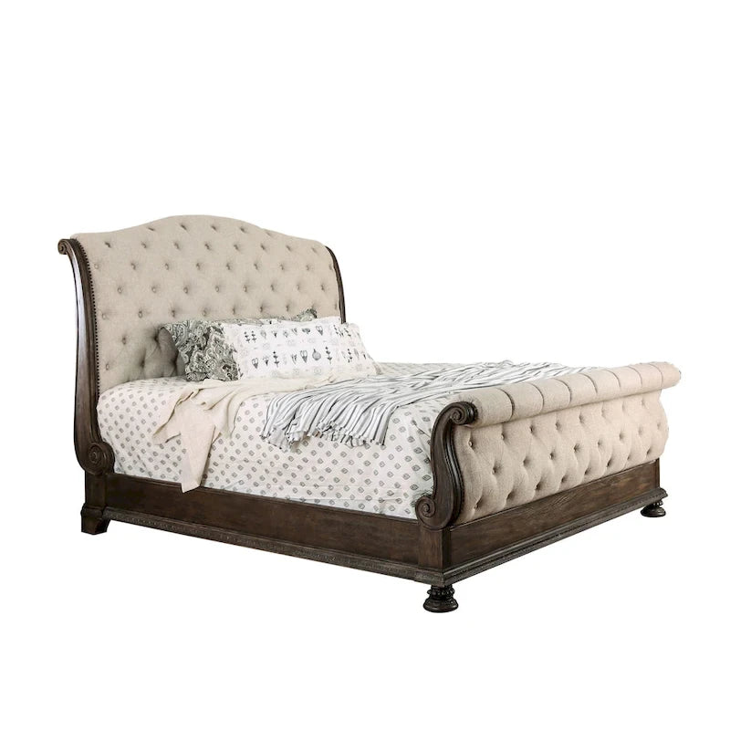 Rustic Beige Tufted Fabric Sleigh Bed
