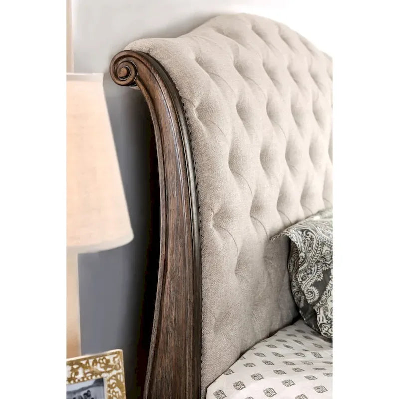 Rustic Beige Tufted Fabric Sleigh Bed