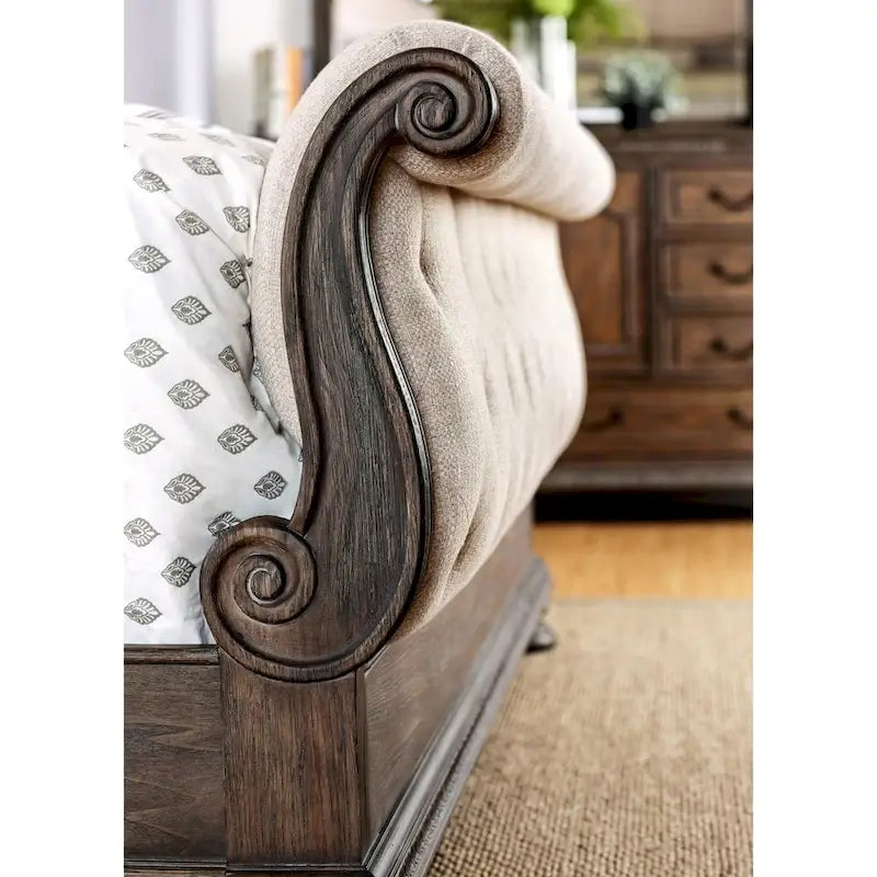 Rustic Beige Tufted Fabric Sleigh Bed