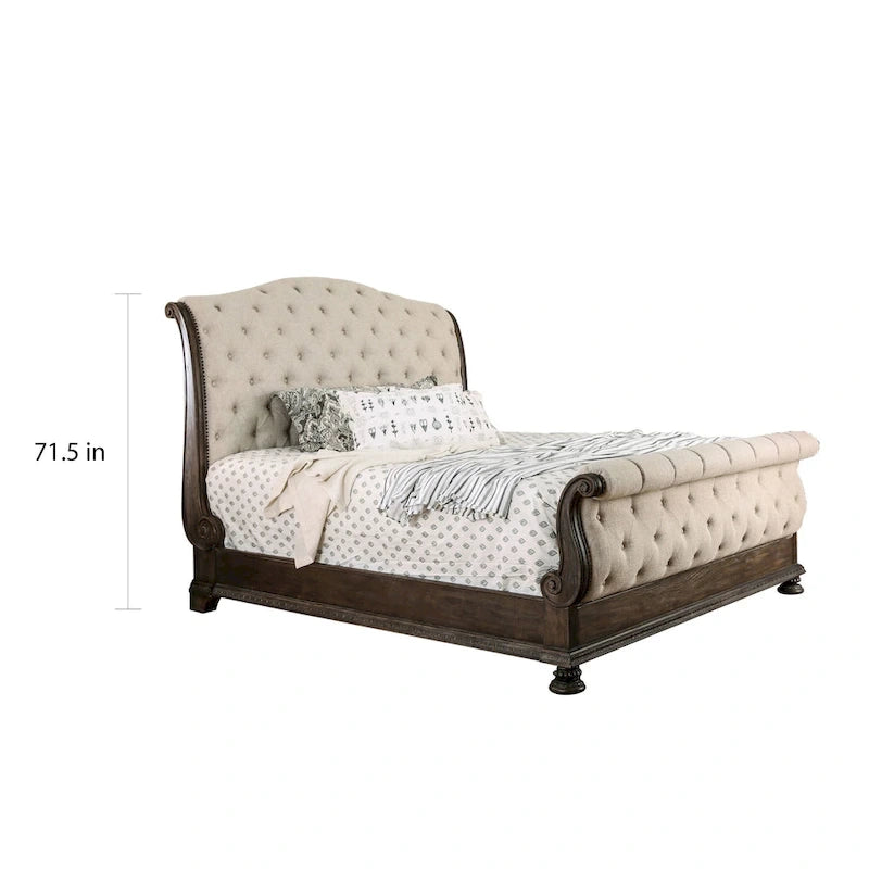 Rustic Beige Tufted Fabric Sleigh Bed