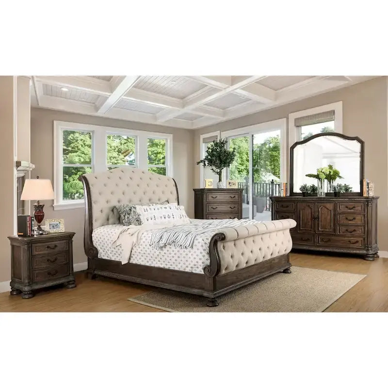 Rustic Beige Tufted Fabric Sleigh Bed