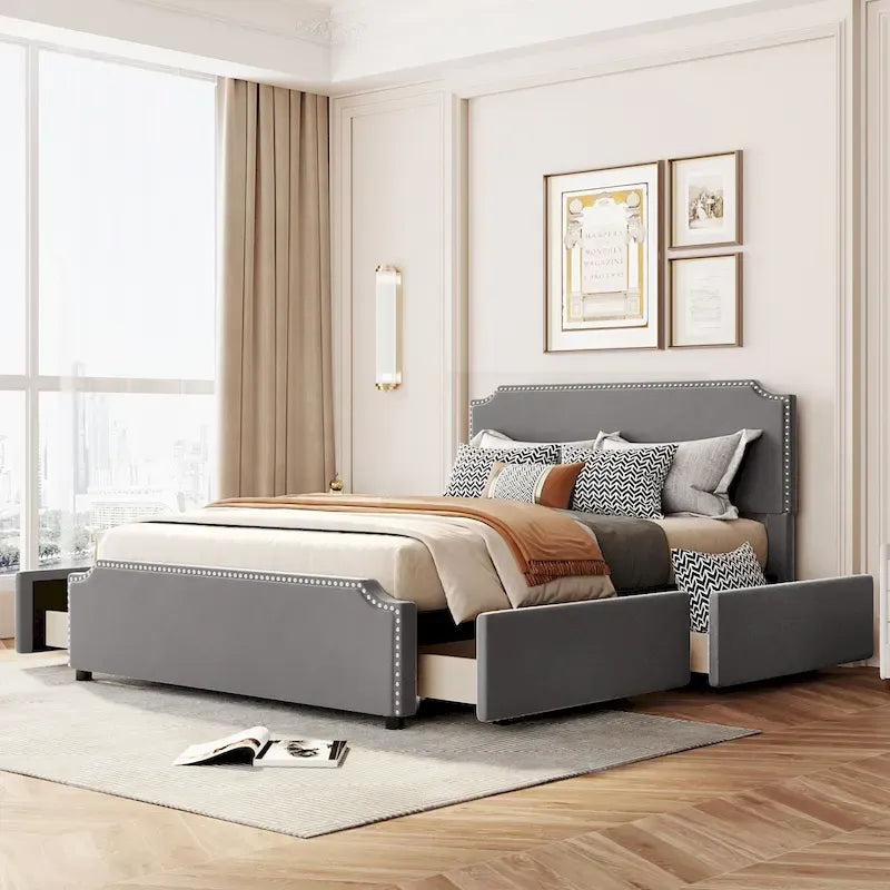 Upholstered Platform Bed with Stud Trim and 4 Drawers