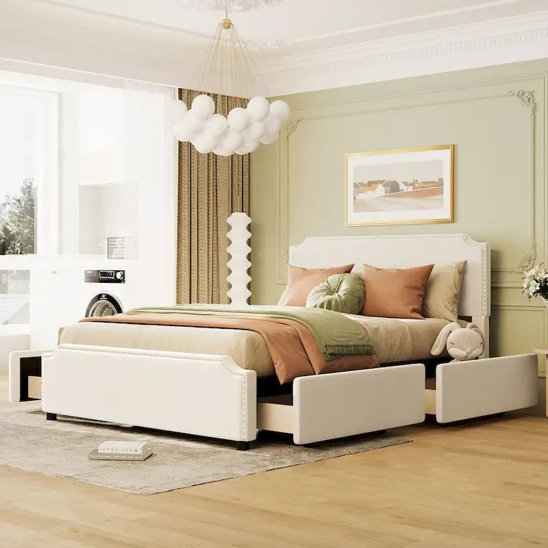 Upholstered Platform Bed with Stud Trim and 4 Drawers