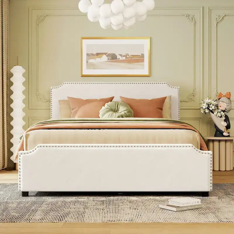 Upholstered Platform Bed with Stud Trim and 4 Drawers