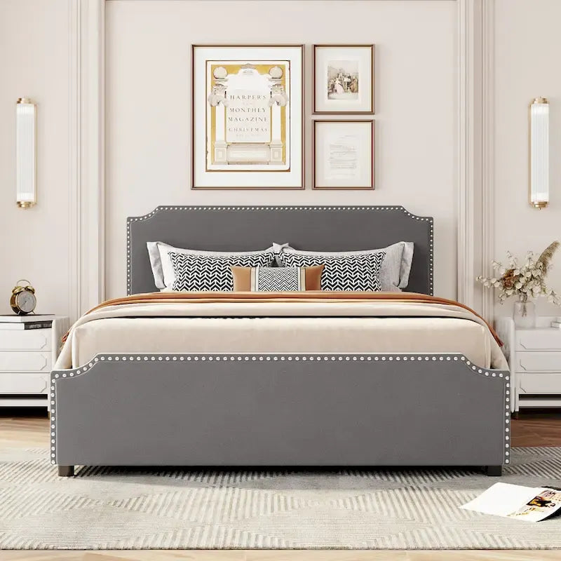 Upholstered Platform Bed with Stud Trim and 4 Drawers