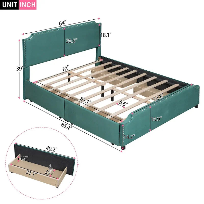 Upholstered Platform Bed with Stud Trim and 4 Drawers