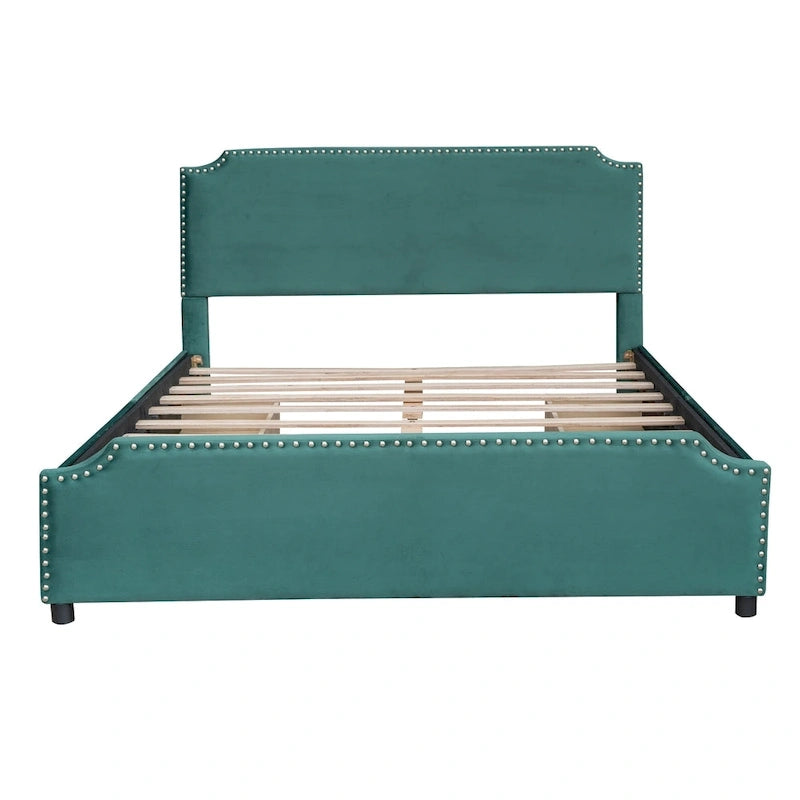 Upholstered Platform Bed with Stud Trim and 4 Drawers