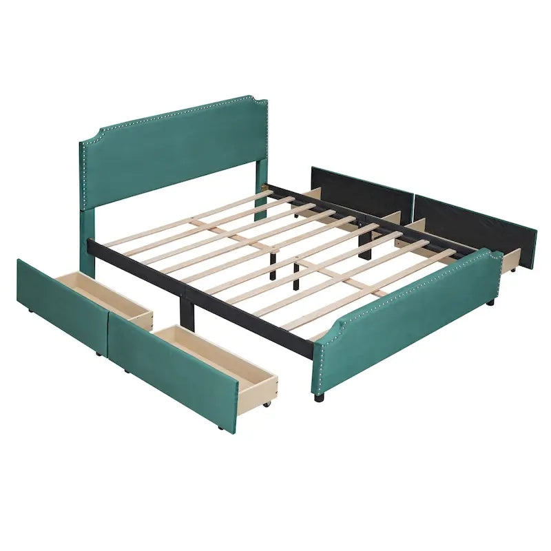 Upholstered Platform Bed with Stud Trim and 4 Drawers