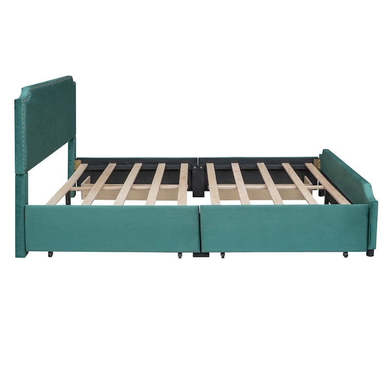 Upholstered Platform Bed with Stud Trim and 4 Drawers