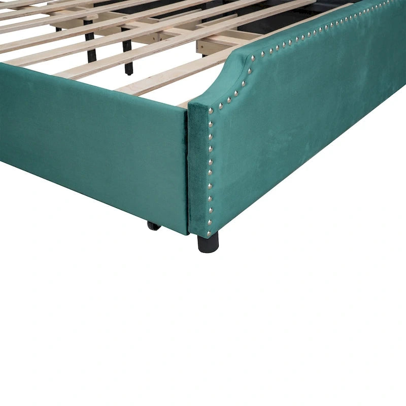Upholstered Platform Bed with Stud Trim and 4 Drawers