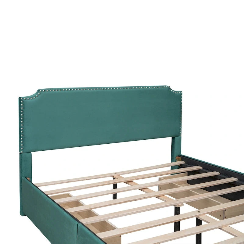 Upholstered Platform Bed with Stud Trim and 4 Drawers