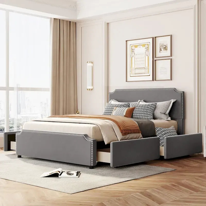 Upholstered Platform Bed with Stud Trim and 4 Drawers