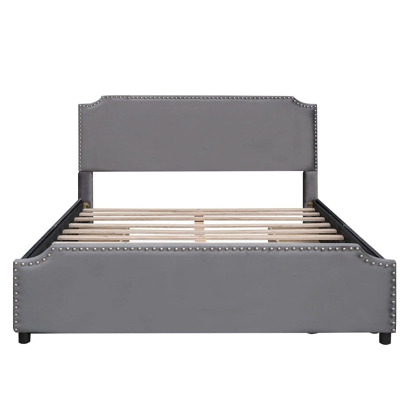 Upholstered Platform Bed with Stud Trim and 4 Drawers