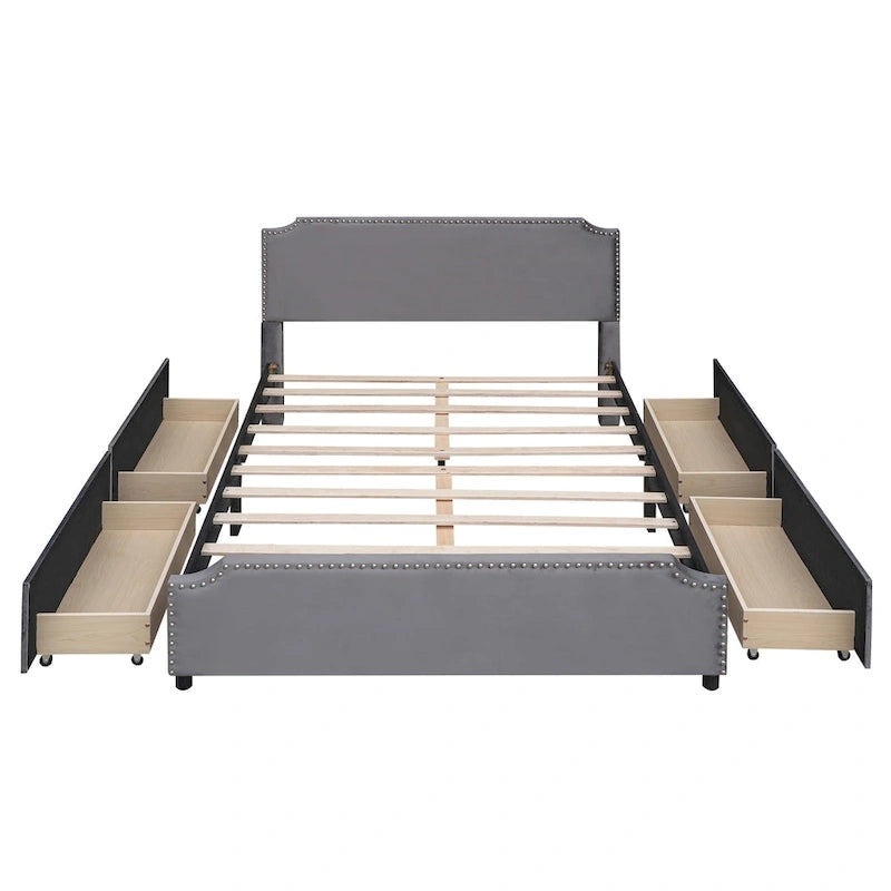 Upholstered Platform Bed with Stud Trim and 4 Drawers