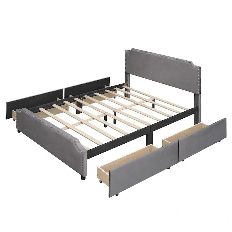 Upholstered Platform Bed with Stud Trim and 4 Drawers