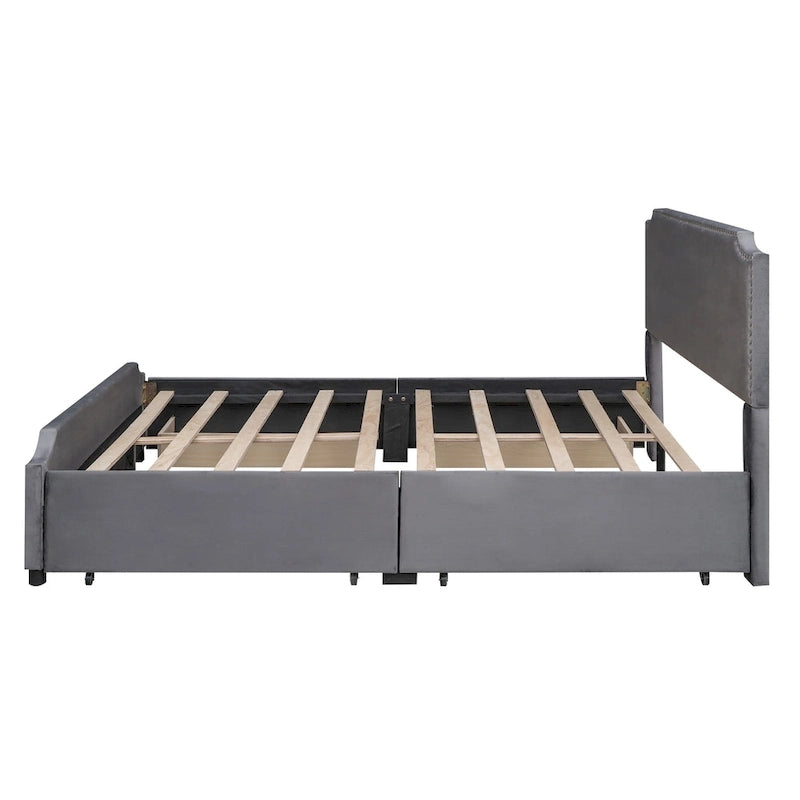 Upholstered Platform Bed with Stud Trim and 4 Drawers