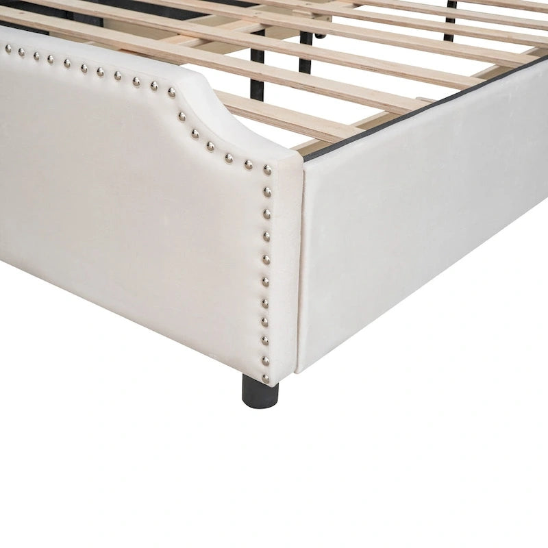 Upholstered Platform Bed with Stud Trim and 4 Drawers