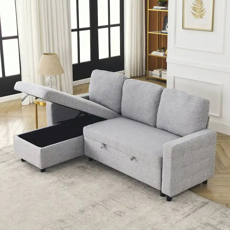 78.8 Reversible Sleeper Sofa with Pullout Bed, Comfortable Linen L-Shaped Sofa Sofa Bed, Living Room Furniture S