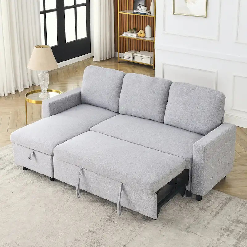 78.8 Reversible Sleeper Sofa with Pullout Bed, Comfortable Linen L-Shaped Sofa Sofa Bed, Living Room Furniture S
