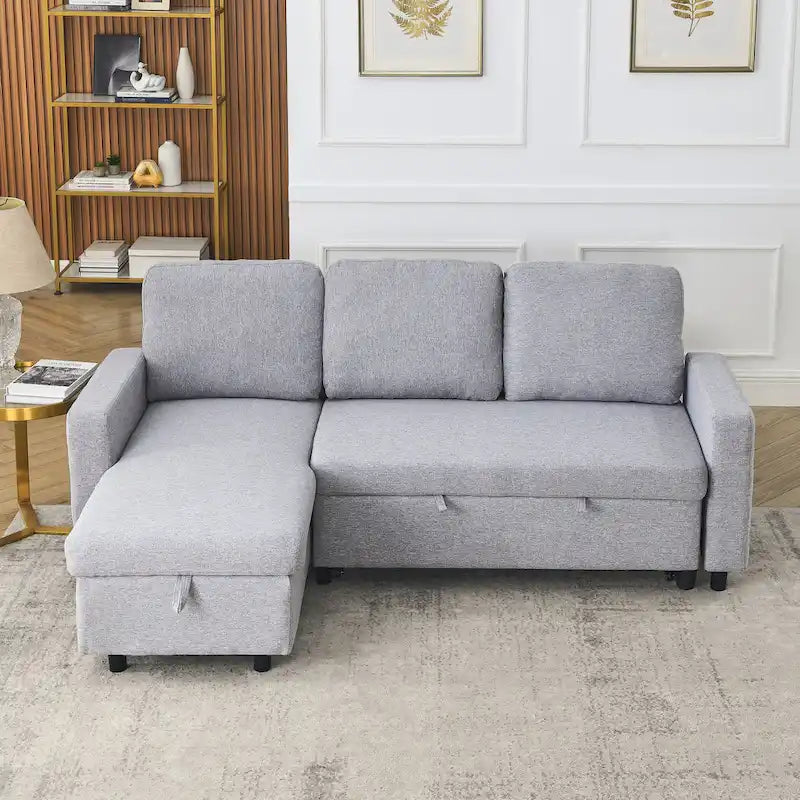 78.8 Reversible Sleeper Sofa with Pullout Bed, Comfortable Linen L-Shaped Sofa Sofa Bed, Living Room Furniture S