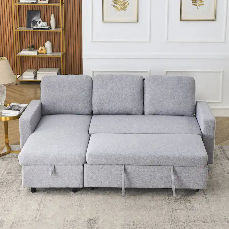 78.8 Reversible Sleeper Sofa with Pullout Bed, Comfortable Linen L-Shaped Sofa Sofa Bed, Living Room Furniture S