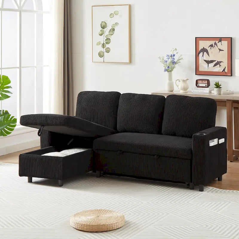 78.8 Reversible Sleeper Sofa with Pullout Bed, Comfortable Linen L-Shaped Sofa Sofa Bed, Living Room Furniture S