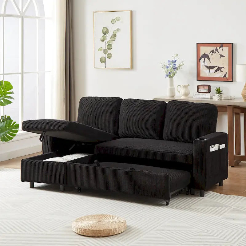 78.8 Reversible Sleeper Sofa with Pullout Bed, Comfortable Linen L-Shaped Sofa Sofa Bed, Living Room Furniture S
