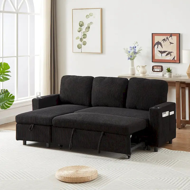 78.8 Reversible Sleeper Sofa with Pullout Bed, Comfortable Linen L-Shaped Sofa Sofa Bed, Living Room Furniture S