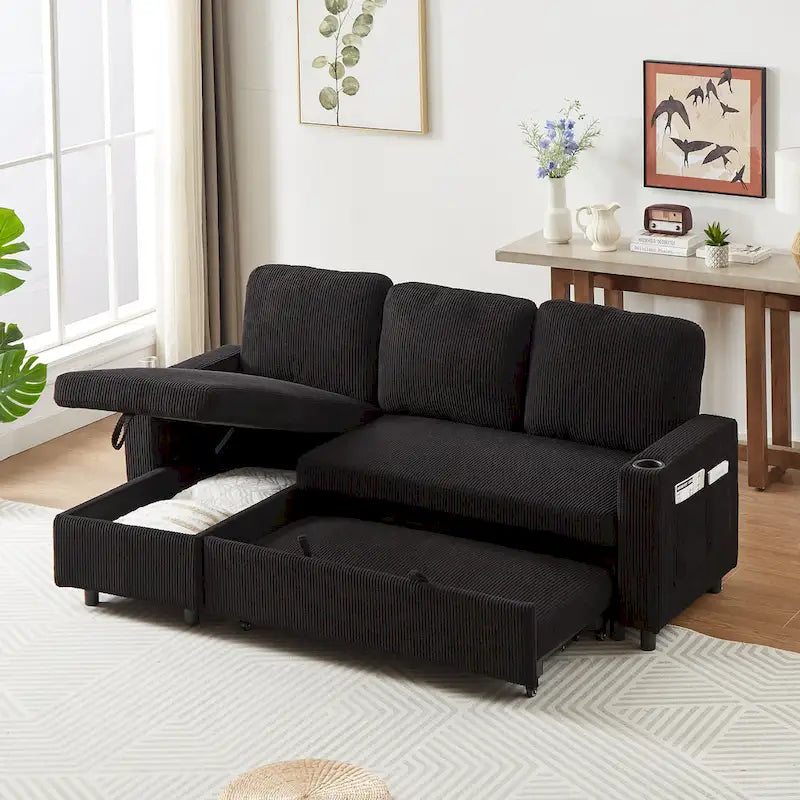 78.8 Reversible Sleeper Sofa with Pullout Bed, Comfortable Linen L-Shaped Sofa Sofa Bed, Living Room Furniture S