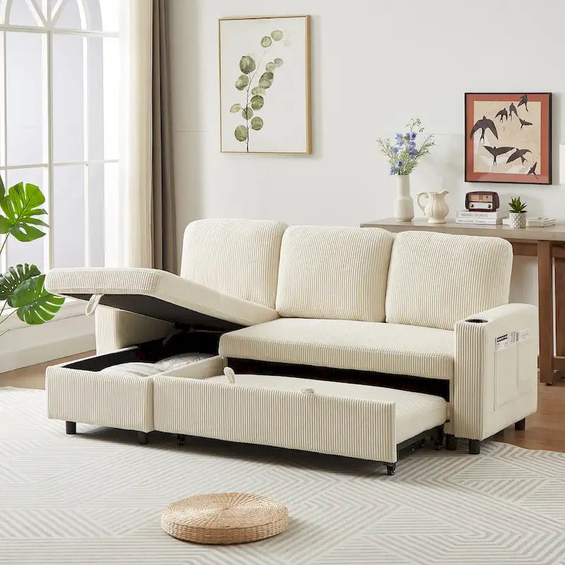 78.8 Reversible Sleeper Sofa with Pullout Bed, Comfortable Linen L-Shaped Sofa Sofa Bed, Living Room Furniture S