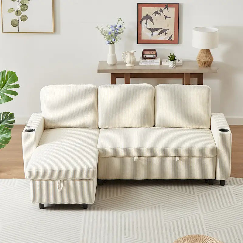 78.8 Reversible Sleeper Sofa with Pullout Bed, Comfortable Linen L-Shaped Sofa Sofa Bed, Living Room Furniture S
